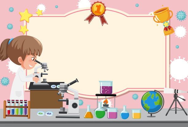 穿着实验服的女孩在显微镜下看的横幅模板图片下载