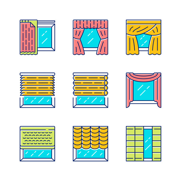 Jalousie和窗帘颜色图标集。蜂窝窗帘，窗户处理套，围巾，衬垫。家居、办公室室内配件。客厅、厨房、装修。孤立的矢量插图图片下载