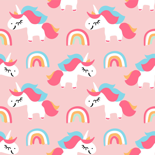 矢量无缝图案与可爱的独角兽和彩虹在粉红色的背景。魔术背景的孩子墙纸或贺卡图片下载