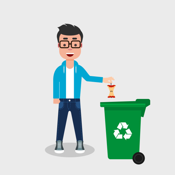 穿着牛仔裤和运动衫的年轻人把吃过的苹果扔进回收站。图片下载