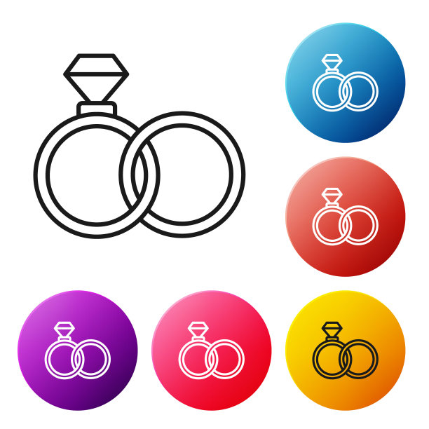 黑色线婚戒图标孤立在白色背景上。新娘和新郎的珠宝标志。婚姻的象征。钻石戒指。设置彩色圆形按钮图标。矢量图图片下载