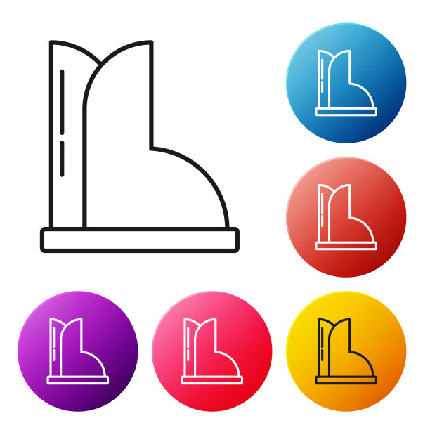 黑线防水橡胶靴图标隔离在白色背景上。下雨天用胶靴，钓鱼，园艺用。设置彩色圆形按钮图标。矢量图图片下载
