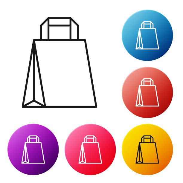 黑色线购物袋图标孤立在白色背景。包的迹象。设置彩色圆形按钮图标。矢量图图片下载