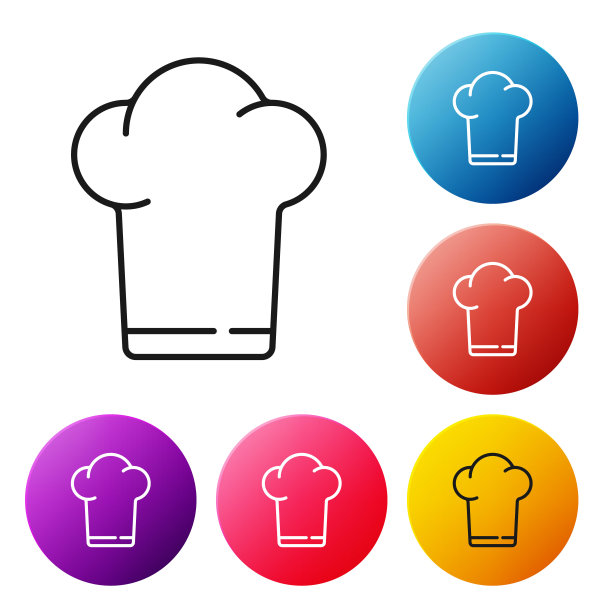 黑线厨师帽图标孤立在白色背景。烹饪的象征。厨师的帽子。设置彩色圆形按钮图标。矢量图图片下载