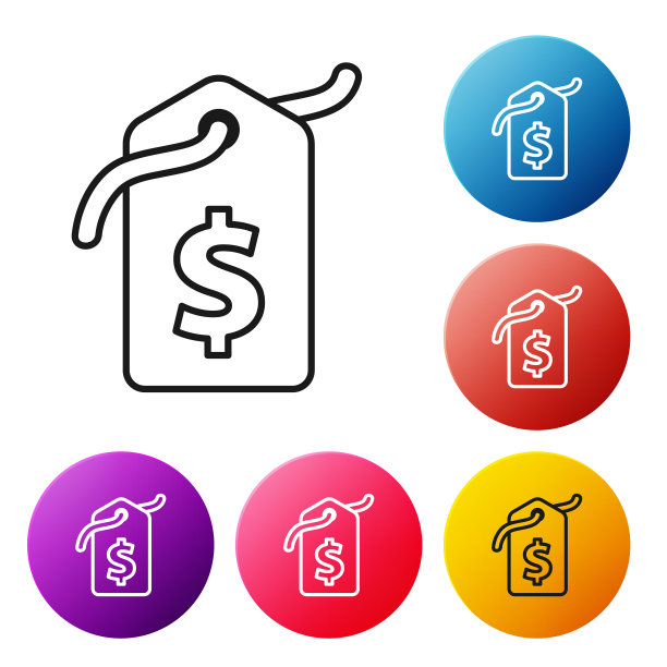 黑色线价格标签与美元图标孤立在白色背景。徽章的价格。销售与美元符号。折扣促销标签。设置彩色圆形按钮图标。矢量图图片下载