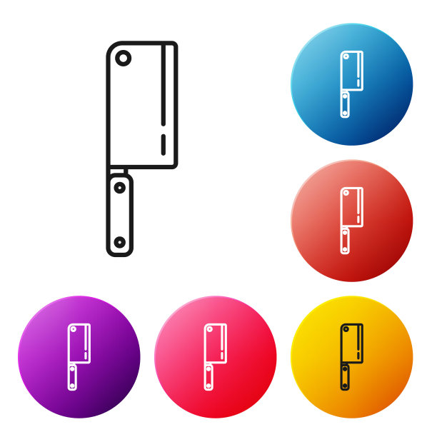 黑线肉菜刀图标孤立在白色背景。菜刀用来切肉。切肉刀。设置彩色圆形按钮图标。矢量图图片下载