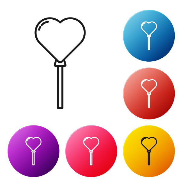 黑色线气球心形的形式与丝带图标孤立在白色的背景。设置彩色圆形按钮图标。矢量图图片下载