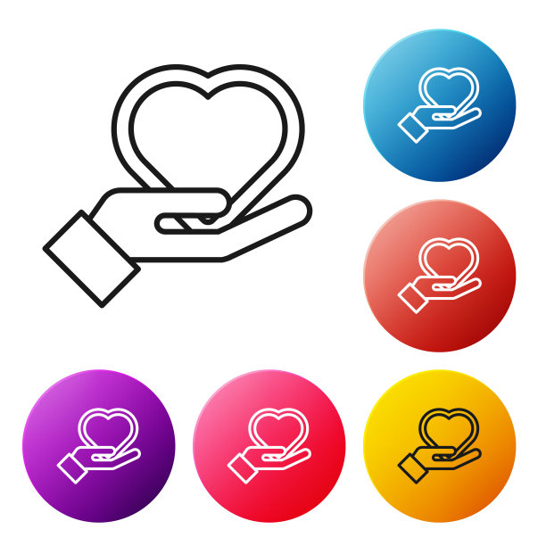 黑线心在手上图标孤立在白色背景。牵手是爱的象征。情人节的象征。设置彩色圆形按钮图标。矢量图图片下载