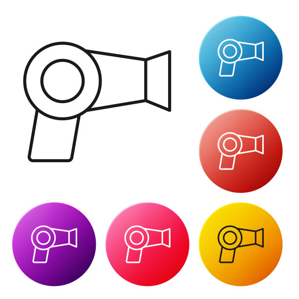 黑线吹风机图标孤立在白色背景。吹风机的迹象。头发干燥的象征。吹热空气。设置彩色圆形按钮图标。矢量图图片下载