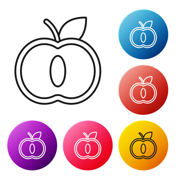 黑线苹果图标孤立在白色背景。水果与叶子的象征。设置彩色圆形按钮图标。矢量图图片下载