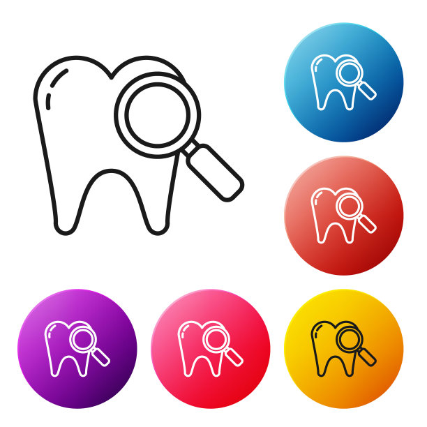 黑线牙科搜索图标孤立在白色背景。牙科诊所或牙科医疗中心的牙齿符号。设置彩色圆形按钮图标。矢量图图片下载
