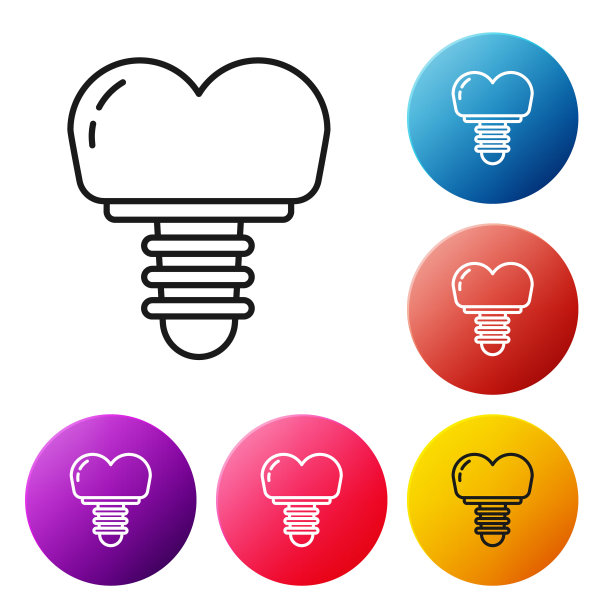 牙种植体图标孤立在白色背景上。设置彩色圆形按钮图标。矢量图图片下载