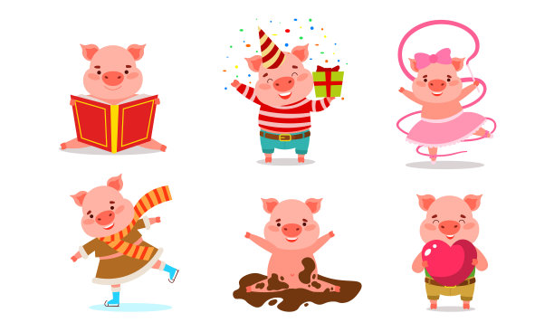 一组表达积极情绪的猪矢量插图图片下载