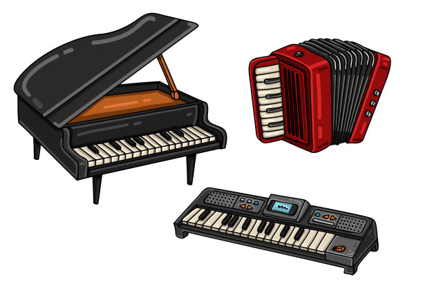 一套乐器。三角钢琴，手风琴，键盘。卡通矢量插图。图片下载