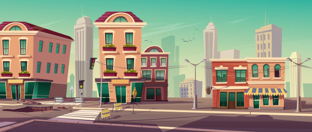 城市街道上的道路工程矢量图图片下载