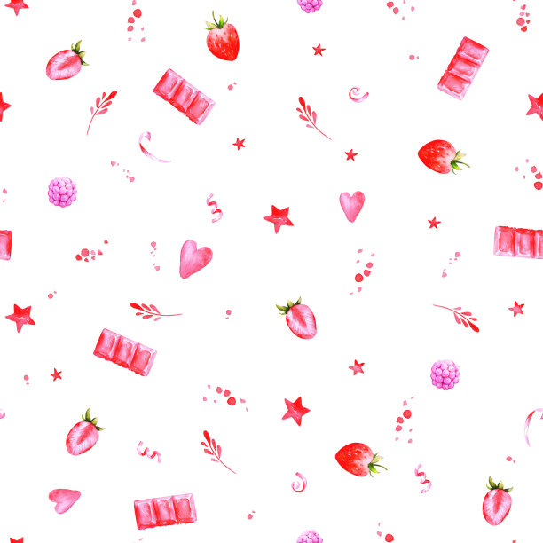 无缝的节日水彩纹理粉红巧克力，草莓，心形和星星图片下载