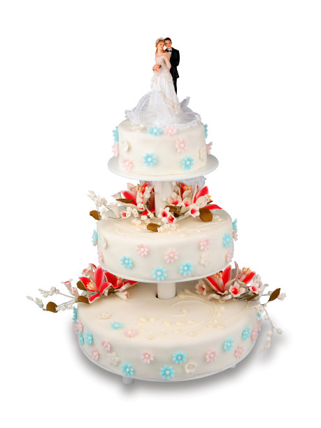 多层婚礼蛋糕与糖霜和数字的新娘和新郎图片下载