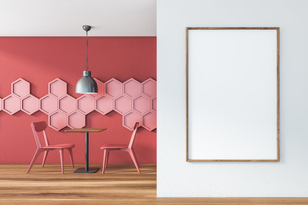 红色的咖啡馆内部与六边形和海报图片下载