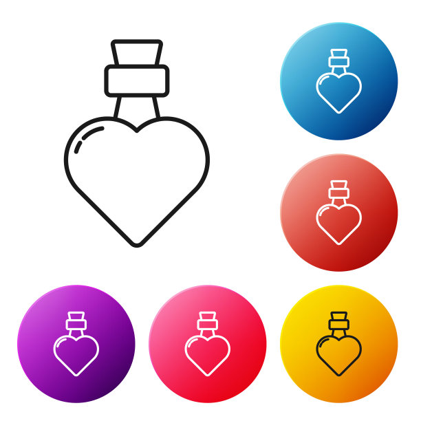 黑色线条瓶与爱情药水图标孤立在白色背景。情人节的象征。设置彩色圆形按钮图标。矢量图图片下载