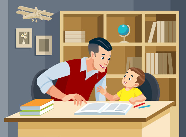 爸爸微笑着帮儿子做作业。友好家庭的概念。矢量图图片下载