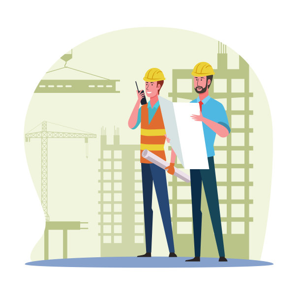 建筑工人检查平面图，察看建筑工地。专业承包商及工程师图片下载