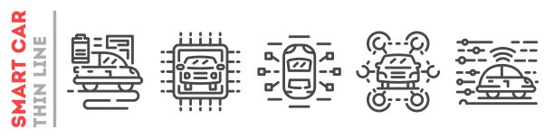 大集智能自动驾驶汽车和他的服务，细线图标孤立在白色上。智能车辆图片下载