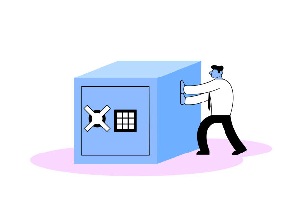 商人推着大保险箱。平面向量插图。孤立在白色背景上。素材图片