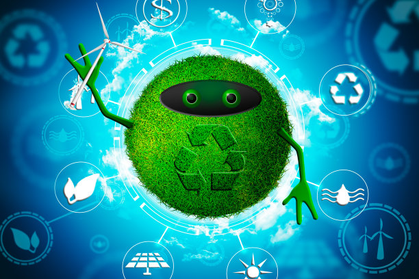 绿草覆盖的回收机器人。背景作为能源效率的概念。图片下载