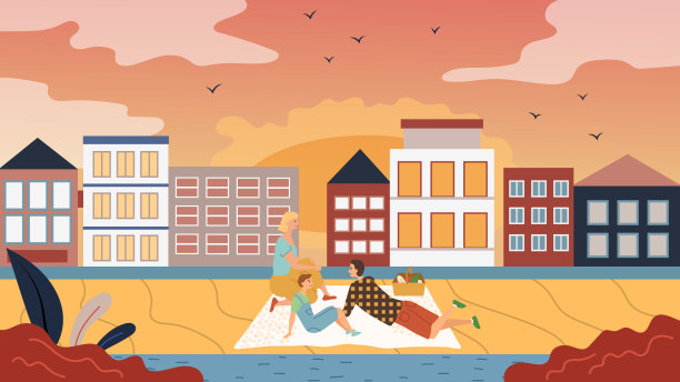 家庭时间的概念。人们在城市风景背景下野餐。父亲，母亲和儿子玩，交流，欣赏美丽的城市风景和日落。卡通平的风格。矢量图图片下载