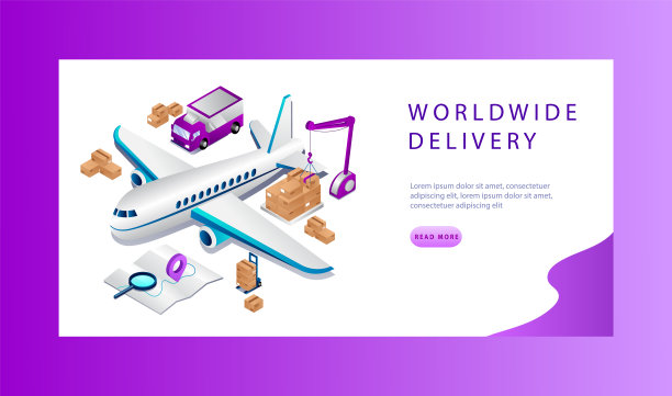 物流和全球配送服务的等距概念。网站登录页面。航空货物，准时交付车辆的概念。仓库的卡车,飞机。网页卡通矢量插图图片下载