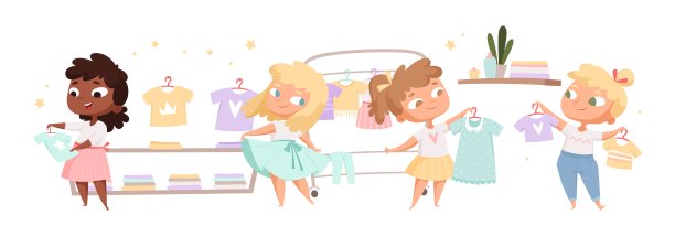 时尚达人。可爱的女孩会挑选衣服，试穿连衣裙和t恤。年轻的女士玩在商店矢量插图图片下载