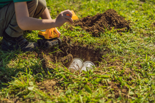 男孩玩垃圾分类游戏，埋了塑料餐具和可生物降解的餐具。图片下载