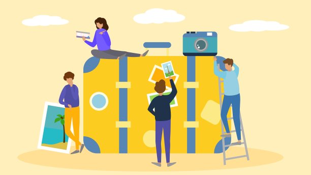 办公室的人在巨大的行李箱中打包旅行放松假期素材图片