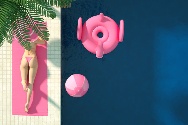 性感的女孩在一个粉红色的比基尼日光浴在游泳池，夏天的概念图片下载