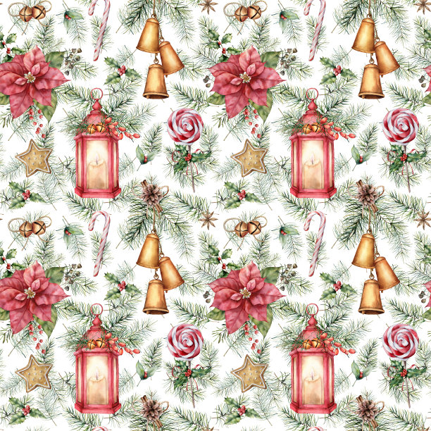 水彩圣诞无缝图案与节日符号。手绘灯笼，一品红和铃铛孤立在白色的背景。冬季植物插图设计，印刷或背景。图片下载