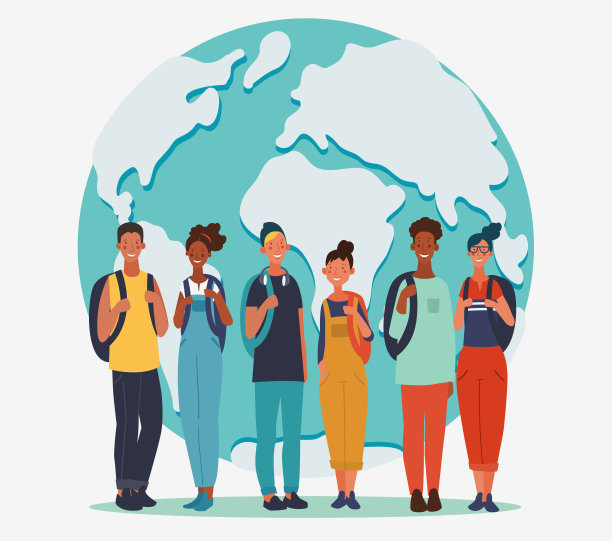 年轻人，背着背包，面带微笑。旅游，假期，假期和冒险矢量概念插图。世界地图背景图片下载