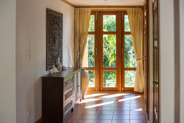 豪华别墅入口大厅。阳光透过玻璃门，进入室内装饰图片下载