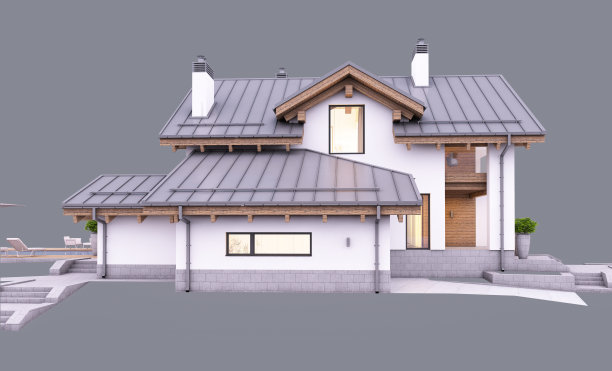 现代住宅的3d渲染在晚上孤立在灰色图片下载