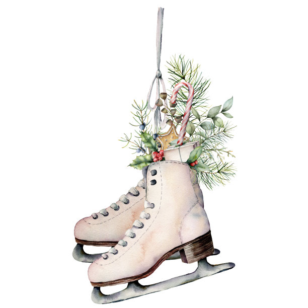 水彩溜冰鞋搭配冬季花卉装饰，还有糖果。手工绘制冷杉树枝，浆果，冬青和饼干孤立在白色的背景。圣诞插图设计，印刷，织物或背景。图片下载