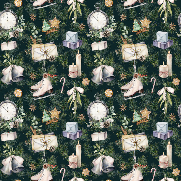 水彩圣诞无缝图案与时钟。复古插图与信封，蜡烛和溜冰鞋孤立在黑色背景。离十二点差五分钟。为设计，打印，或背景。图片下载