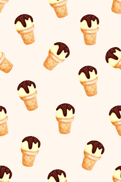 华夫蛋筒内的冰淇淋无缝图案，巧克力釉和顶部孤立在白色背景上。手绘写实插图。可爱风格的产品设计。亲爱的甜点。图片下载