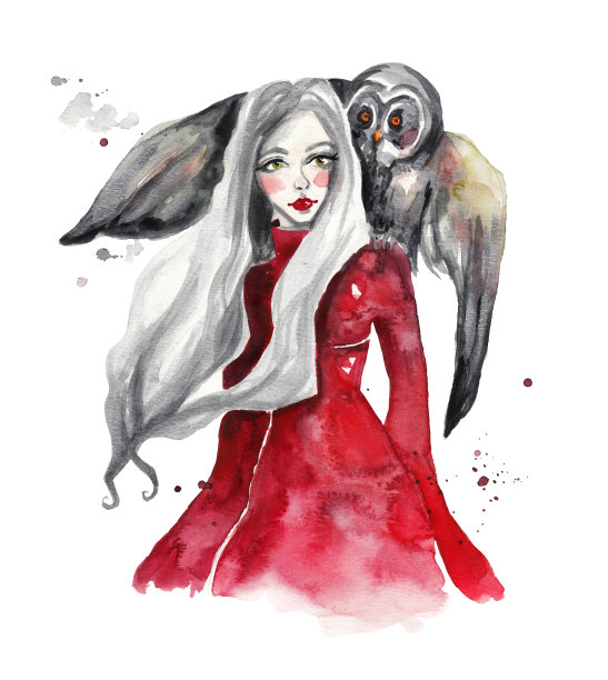 肩上有只猫头鹰的漂亮姑娘。长着金色长发的森林仙女图片下载