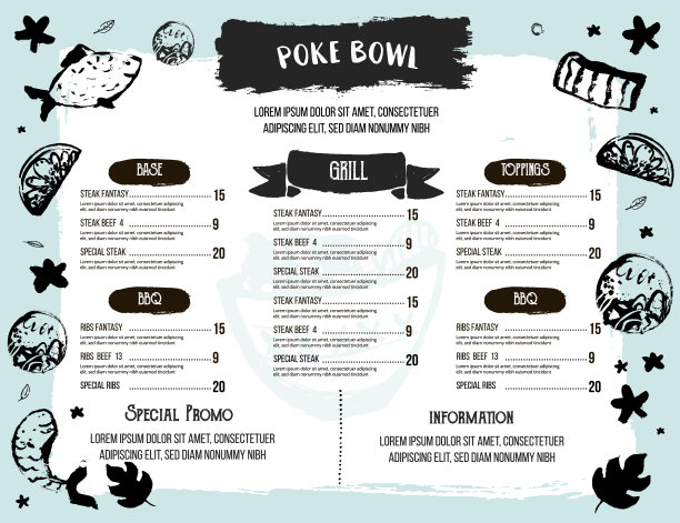戳碗餐厅菜单设计。五颜六色的垃圾咖啡模板，健康夏威夷营养，鱼横幅图片下载