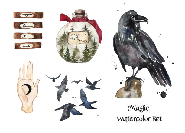 魔法设置。水彩插图图片下载