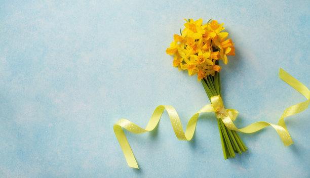 蓝色背景上的春天水仙花。漂亮的花束为妇女节，母亲节。前视图。图片下载