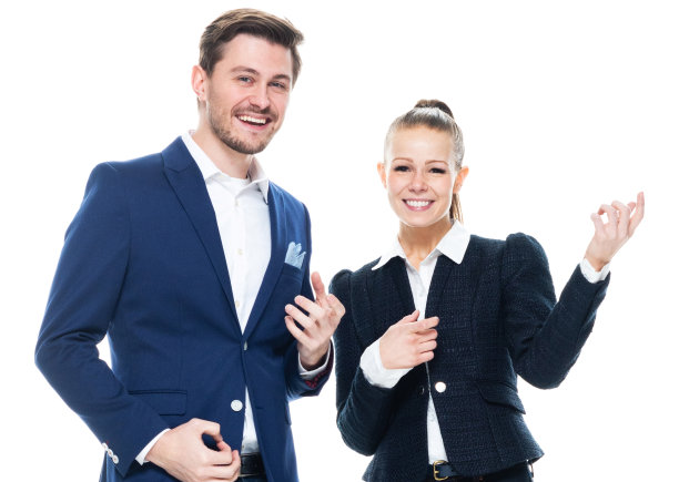 白人年轻男性女商人在白色背景下穿着纽扣衬衫图片下载