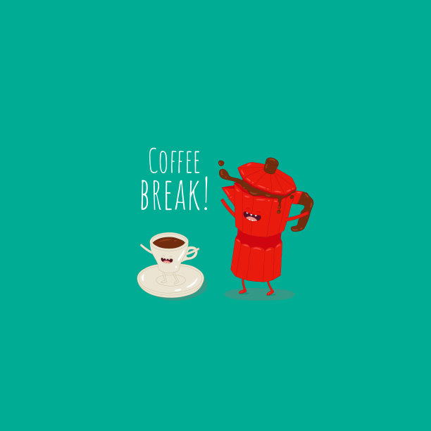 间歇泉咖啡机是红色的咖啡喷溅和白色的咖啡杯。有趣的咖啡，可爱的形象。永远的朋友。图片下载