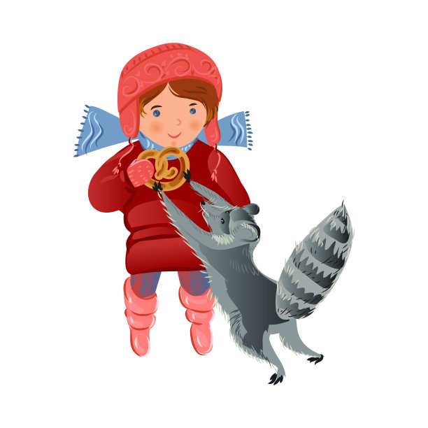 可爱的野生灰色臭鼬从小女孩那里拿走烘焙椒盐卷饼图片下载