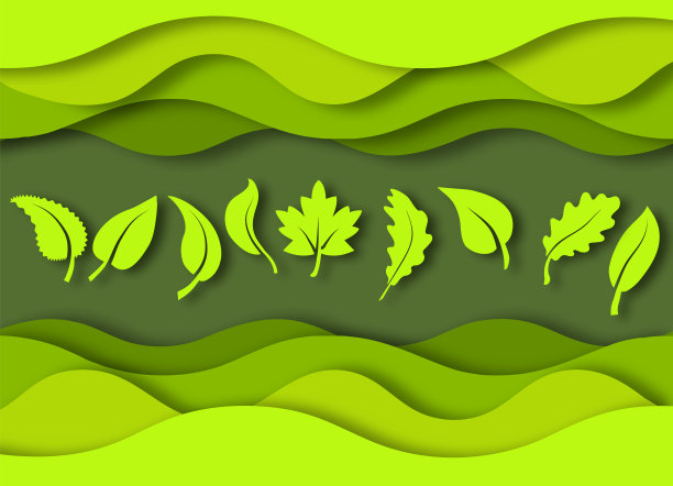 3d绿色波浪形状与树叶剪纸风格。矢量多层弹簧设计宽度阴影。图片下载