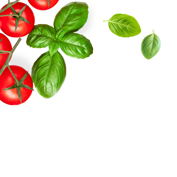 由新鲜蔬菜和罗勒叶香草制成的创意布局。平的。俯视图图片下载